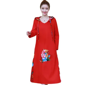 2018 m. Pavasarį, Rudenį Moterų Plius Dydis Kinijos Vėjo Derliaus Siuvinėjimo Suknelė vientisa Spalva Prarasti Atsitiktinis Moterų Hoodie Puloveriai J31
