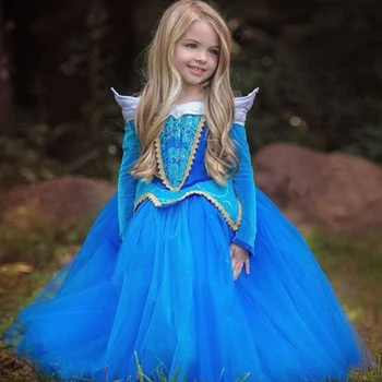 2018 Merginos Miegančioji Gražuolė Princesė Kostiumas Pavasarį, Rudenį Mergina Suknelė Rožinės spalvos Blue Princess Aurora Suknelės Mergaitėms Šalies Kostiumas