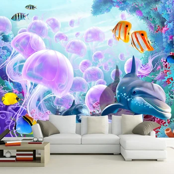 3D Animaciją Povandeninio Pasaulio Delfinų, Žuvų Medūzos Sienos Freskos Foto Tapetai, Sienų Užsakymą Miegamojo Sienos Popieriaus TV Fone
