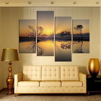 4 piece landscape sunset sky clouds lake trees reflection canvas art wall poster and prints Decorative paintings
