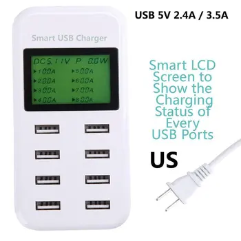 8 Port USB Įkroviklis Adapteris LCD Ekranas Micro USB Kroviklis Kelionės Sienos mokesčių už Telefoną, Tabletės Baltos Įkroviklis MUMS Universal Plug