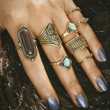 80 vienetų/set Blue Akmens Kristalų Midi Žiedas Rinkiniai Antikvariniai Aukso Sidabro Spalvos Piršto Sąnario Žiedai Moterims Žmogus Bohemijos Papuošalai