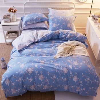 Comwarm Cotton 4PCS Soft Bedding Sets Floral Printing Grey Blue Color BedclothesBeautiful Flowers Duvet Cover Set couette