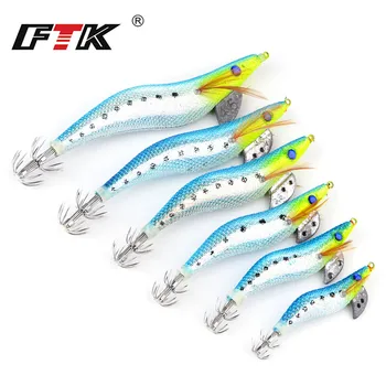 FTK 6PC/LOT 2G,2.5G,3G,3.5G,4G,4.5G Artificial Luminous Wood Shrimp Squid Jigs Jigging Squid Hook peche accesoires