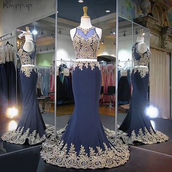 Ilga Elegantiška Prom Dress 2018 Undinė Vien Samtelis Iškirpte Zawalcowany Aukso Nėrinių Afrikos Tamsiai Mėlyna Dviejų Dalių Prom Dresses