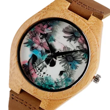 Moterų Laikrodžiai, Apyrankės Bambuko Žiūrėti Ponios Cool Dizaino Gėlių Kaukolė Mediniai Rankų Darbo Nekilnojamojo Odos Juosta Atsitiktinis Pobūdis Medienos Laikrodis
