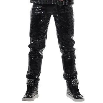 Naujas fashon black magic slim atsitiktinis manle kelnės punk dj, dainininkas etape dėvėti rodyti rezultatus kostiumas vyrams paillette odinės kelnės