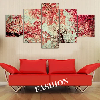 (No Frame) Red Leaves Trees Canvas Painting 5 Pcs Wall Art Picture Home Decoration Living Room Decoration Canvas Print Painting