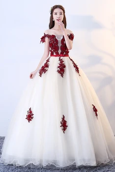 Nuo Peties Šampanas Su Raudonų Nėrinių Quinceanera Suknelės Elegantiškas Saldus 16 Suknelės Kamuolys Chalatai Vestido De Quinceanera Suknelę