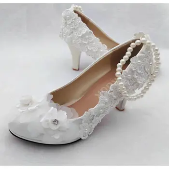 Nėrinių gėlių vestuvių batai moterims, rankų darbo aukšti kulniukai mergina šalies prom siurbliai, bateliai, vestuviniai bridesmaid balta gėlė batai