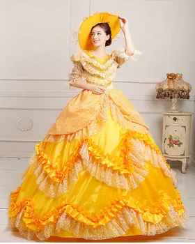 Prabangūs nėriniai aukso geltonos gėlės susiėmę viduramžių dresswith skrybėlę renesanso Suknelė princesė cosplay Viktorijos/belle kamuolys suknelė