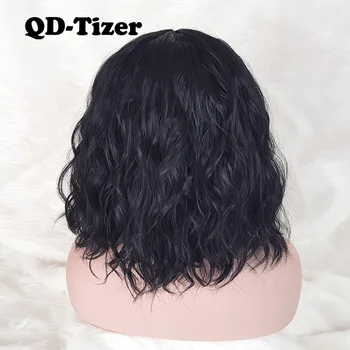 QD-Tizer BOB Perukai Trumpi Plaukai Banguoti, Sintetiniai Perukai, Nėrinių Priekio Perukai Juodos Spalvos Sintetinio Nėrinių Perukai Su Kūdikio Plaukų Moterims