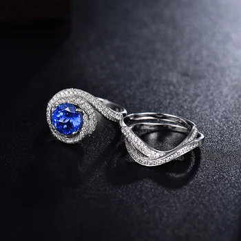 Romantiška Nekilnojamojo 14 KARATŲ Balto Aukso Gamtos Mėlynas Apvalus Tanzanite Nustatyti Žiedai Nuostabiu Diamond 2 Rungtynės Grupė Moterų Fine Jewelry