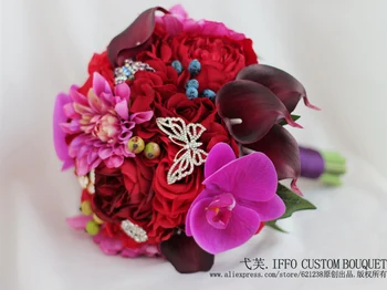 Rožinė Vestuvių Puokštė Dirbtinių Rožių Phalaenopsis Calla lily Gėlės Nuotaka Vestuvių puokštė Raudonas vynas Pamergės Puokštės