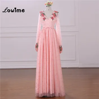 Rožinės Spalvos Gėlių Siuvinėjimas Vakarinę Suknelę V-Kaklo, Ilgomis Rankovėmis Prom Dresses 2018 Užsakymą Linija Moterims Arabų Šalis Oficialų Suknelė