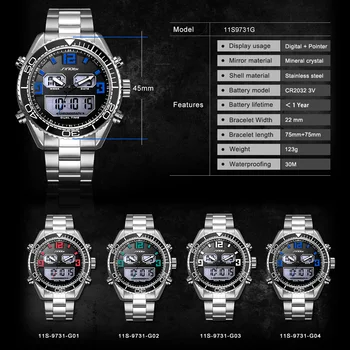 SINOBI S9731 LCD Vyrų Sporto Mados Žiūrėti 316 Plieno Juosta Chronograph Kvarcas Žiūrėti Karinės Vandeniui Data Relogio Masculino