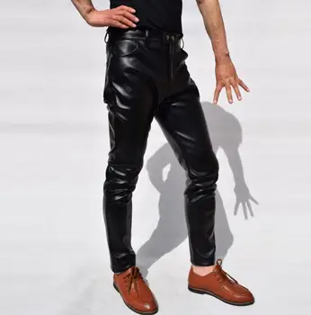 Slim straight mados motociklo odinės kelnės vyrams dirbtiniais odos stora kelnės pantalones hombre juoda šilumos aukštos kokybės