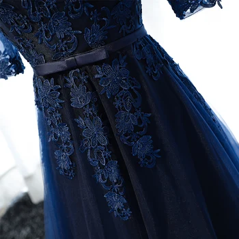 Tamsiai Mėlyna Ilgai Nėrinių Vakaro Suknelės su Rankovėmis Šalis Linijos Gražios Moterys Prom Elegantiškas Oficialią Vakaro Suknelės, Suknelės Parduoti