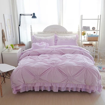 Vilnos plisuotos žiemą Visą Karalienės ir Karaliaus dydžio patalynės komplektai merginos violetinė mėlyna smėlio spalvos rožinė princesė antklode padengti+Bedskirt+užvalkalas