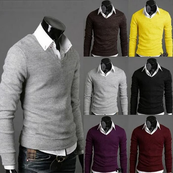 Vyrų Drabužių mados megzti megztinis Garsaus prekės ženklo vientisos spalvos Puloveriai Vyras V-kaklo džemperis atsitiktinis Slim fit megztiniai Super elastinga