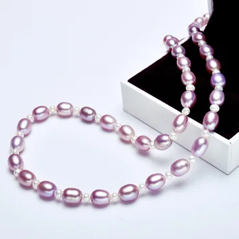 [YS] Violetinė, Pakaitomis Su Baltos spalvos Natūralių Ryžių Gėlavandenių Perlų Vėrinį Moterų 43cm