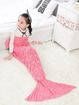 2 Sizes Mermaid Tail Adults Kids Sofa Sleeping Blankets Yarn Knitted Handmade Crochet Mermaid Fish Scales Blanket For Children