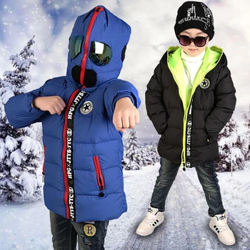 2016 Naujų vaikų Žemyn & Parkas 3-10T žiemos vaikai viršutiniai drabužiai berniukams atsitiktinis šiltas berniukai hoodded striukė su akiniais berniukų šilta, paltai