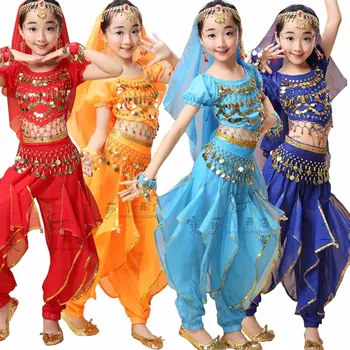 3 gabalus Blizgučiais Merginos Pilvo Šokio Kostiumų Bolivudas, Indijos šokiai, Šokių Suknelė Mergaitėms Sportinių Rezultatų šokių Apranga