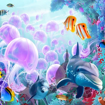 3D Animaciją Povandeninio Pasaulio Delfinų, Žuvų Medūzos Sienos Freskos Foto Tapetai, Sienų Užsakymą Miegamojo Sienos Popieriaus TV Fone