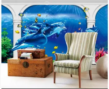 3D sienų freskomis tapetai užsakymą nuotrauką freskos sienos popieriaus Romos ramstis 3D stereo povandeninio pasaulio delfinų TV fono sienos