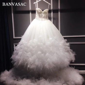 BANVASAC 2018 m. Derliaus Stebėjimo Plius Dydžio Kamuolys Suknelė Vestuvių Suknelės, Nekilnojamojo Nuotraukos Nėriniai Gėlės Koplyčia Traukinys Vestuvinės Suknelės