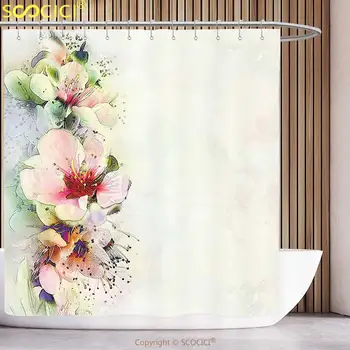 Funky Dušo Užuolaidos Shabby Chic Pavasario Sezono Gėlių Gėlių Informacija su Lapais Abstraktus Fonas Šviesiai Rožinė ir Balta Vonios kambarys