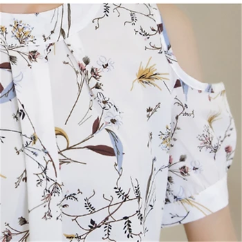 Iki 2017 m. Vasaros Moterų Šifono Palaidinė Marškinėliai Atsitiktinis Marškinėliai Pečių Off Moteriškos Palaidinės elegantiškas Trumpas Rankovės Gėlių Spausdinti Viršūnes blusas