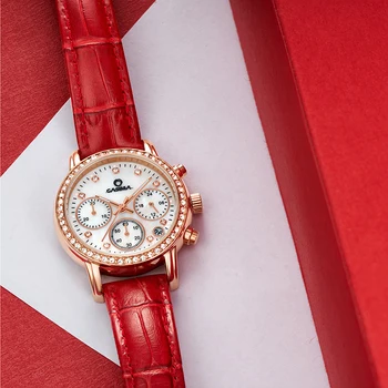 Mados Prabangos prekės ženklo laikrodžiai moterims Elegent laisvalaikio gold crystal moterų kvarco riešo žiūrėti raudoni odiniai neperšlampami CASIMA #1010