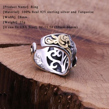 MEILĖ Vyrams, Moterims Atidarymo Žiedas 925 Sterlingas Sidabro Papuošalai Inkrustacijos Turkis Karalius Gyvūnų Tigras Reguliuojamas Žiedo Fine Jewelry FR70