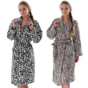 Moterų Plius Dydis Leopard Koralų Vilnos Šiltas Chalatas Naktiniai Drabužiai Kimono Padažu Suknelė Sleepwear Vonia, Chalatai Moterims
