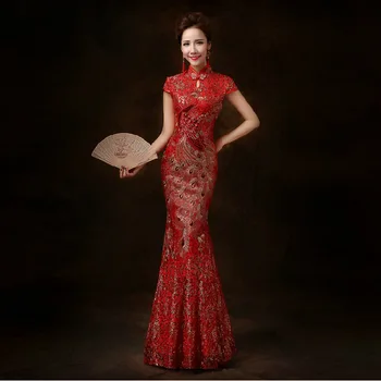 Nemokamas Pristatymas Raudona Slidinėti Ilgai Cheongsams Kinijos Tradicinės Povas Siuvinėjimo Qipao Vakarinę Suknelę Qi Pao Vestidos