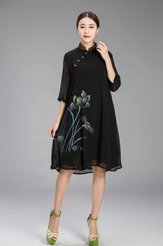 New2017Female Tradicinės Kinų Stiliaus Lotus Ranka-dažytos suknelė Vasaros šifono Suknelė stovėti apykaklės plus size vestidos 4XL XXXXXL