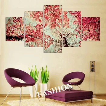 (No Frame) Red Leaves Trees Canvas Painting 5 Pcs Wall Art Picture Home Decoration Living Room Decoration Canvas Print Painting