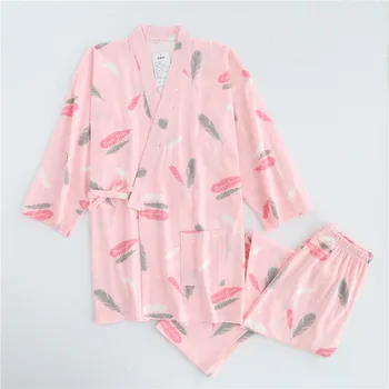 Plus Size Kimono Pajama Komplektai Megztos Medvilnės Namų Drabužių V-Kaklo, Pižamos Moterims 2018 Naują Pavasario naktiniai drabužiai 2vnt Minkštas Jaukus