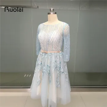 Realios nuotraukos Šviesiai Mėlyna Scoop Trys Ketvirtį Rankovėmis Trumpas Prom Dresses Appliques Puošnios vakarinės Suknelės Trumpas Mergina Dress FP15