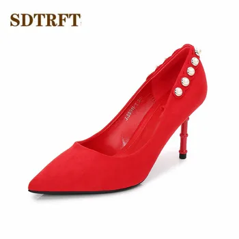 SDTRFT Naujas zapatos mujer Stiletto moterų Naktinis Klubas 8cm ploni kulniukai Seklių Burną nuotakos Pearl batus moteris Nurodė, Kojų siurbliai
