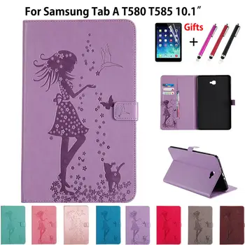 T580 Atveju Mergaitė Katė Iškilumo Case For Samsung Galaxy Tab A6 10.1 2016 T580 T585 SM-T585 T580N Funda Tabletę, Padengti Oda+filmas+rašiklis