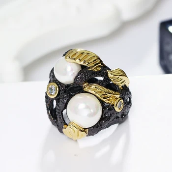 Vintage Juodas žiedas su natūraliu vandens perlų ir AAA aišku kubinių cirkonio kristalų bižuterijos Moterų lapų žiedai šalis